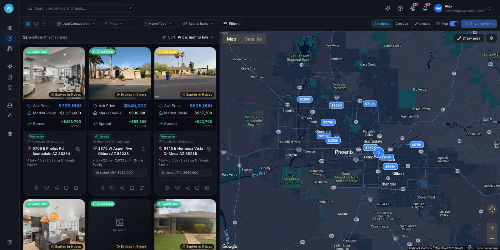 Propagate product loop: leads on a Phoenix map with ask price, market value and spread; a buy box with its criteria and matched deals; the max offer for one deal with a Strong buy verdict; then the deals board with a pipeline from New to Closed